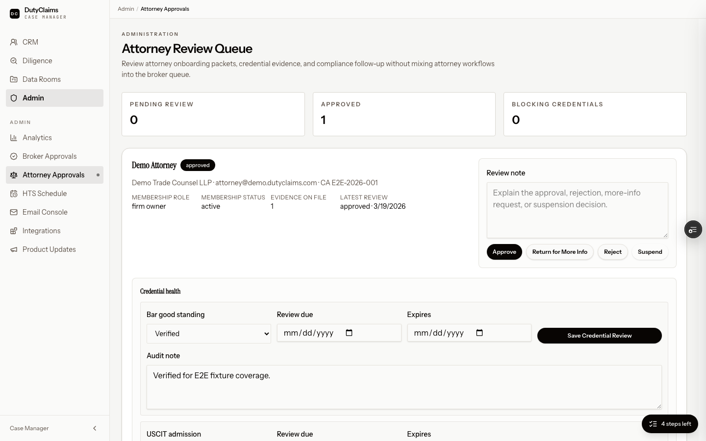 Admin attorney review queue in DutyClaims.