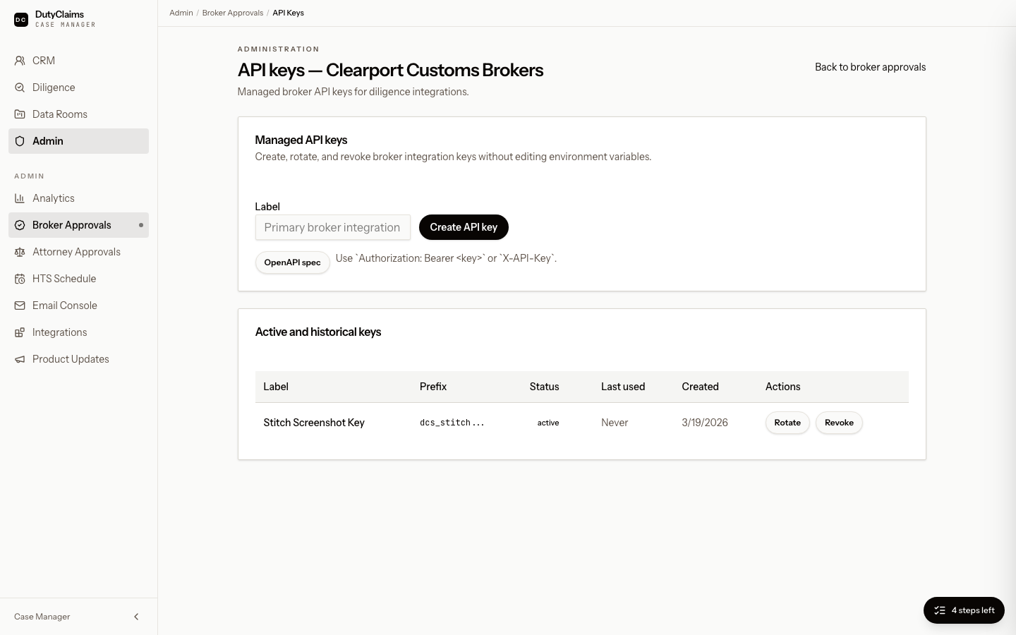 Admin broker API keys page.