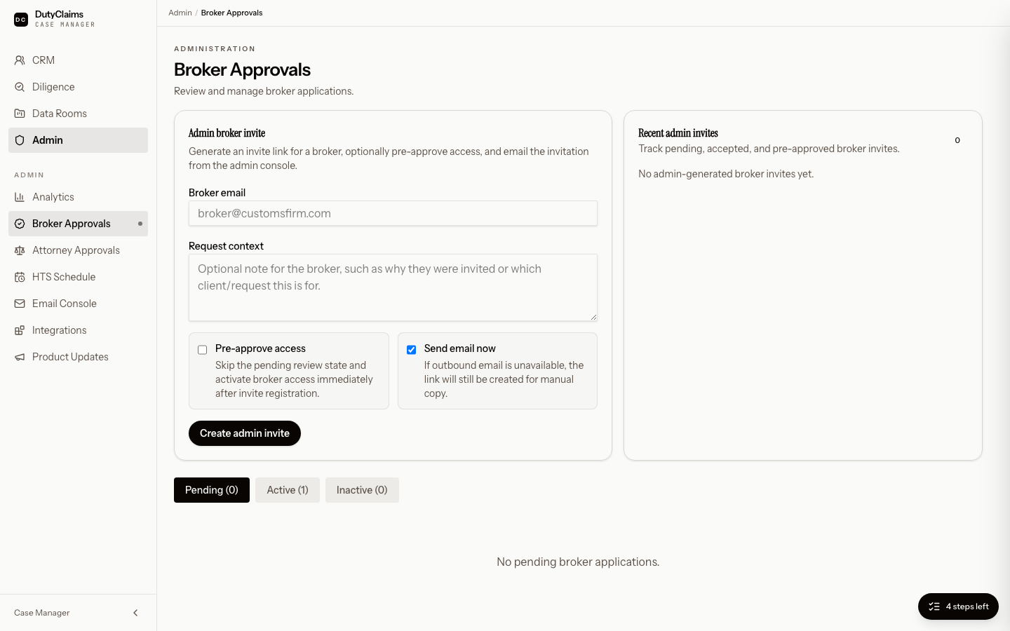 Admin broker approvals queue.