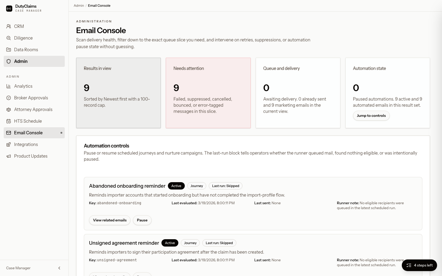 Admin email console page in DutyClaims.