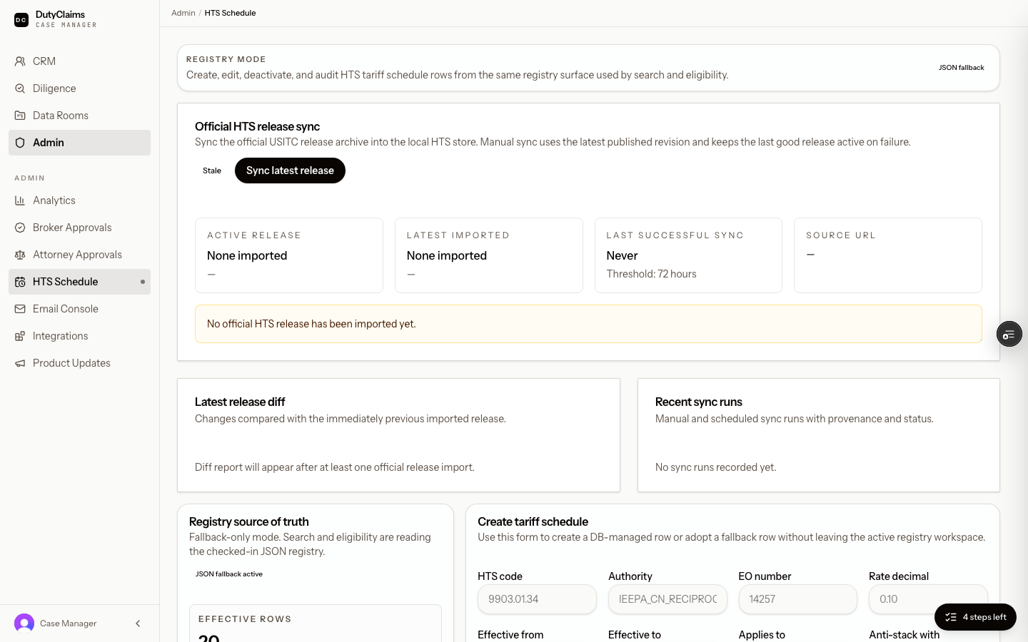 Admin HTS registry page.