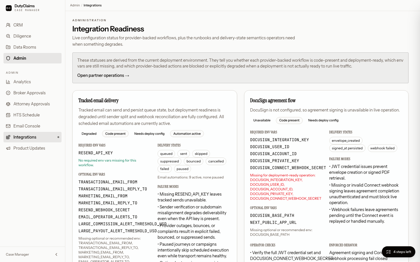 Admin integration readiness page with deployment status cards.