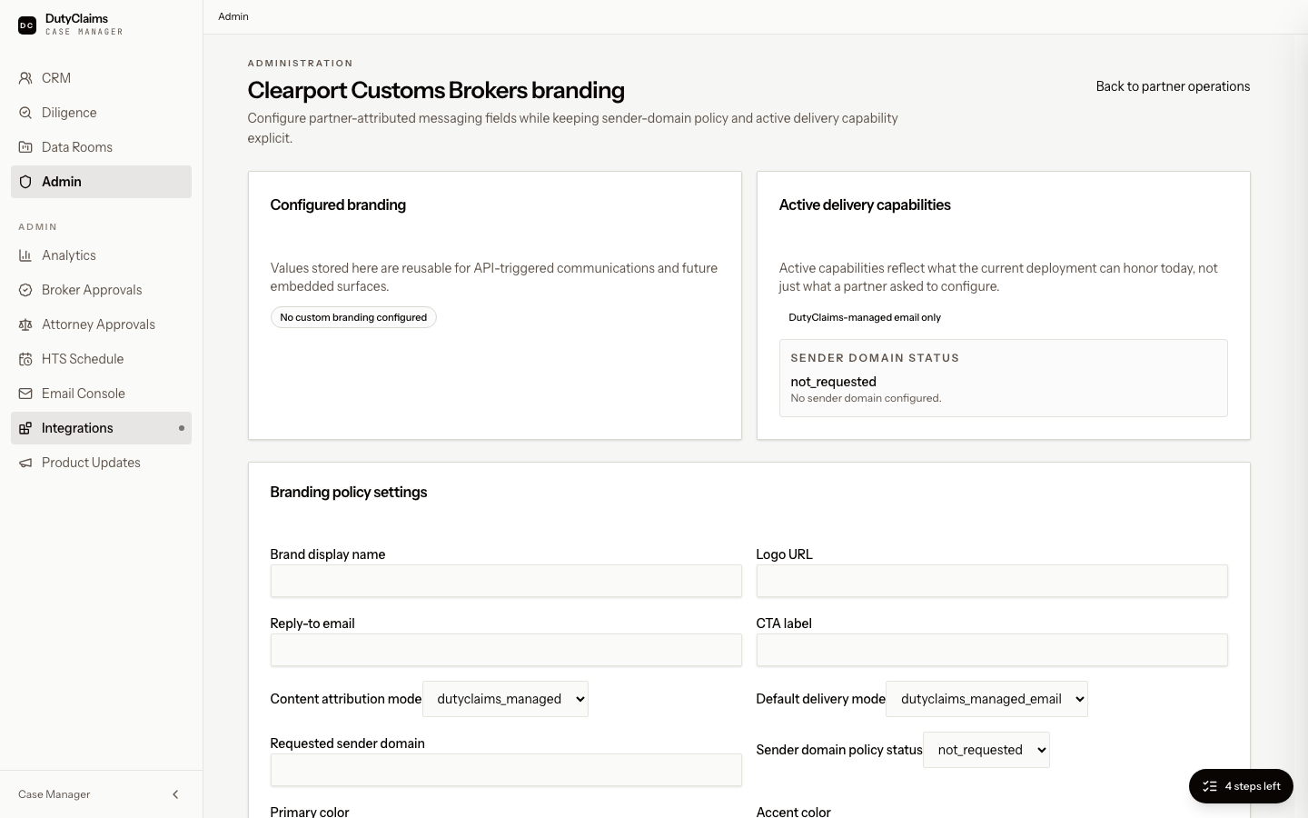 Partner branding controls page.