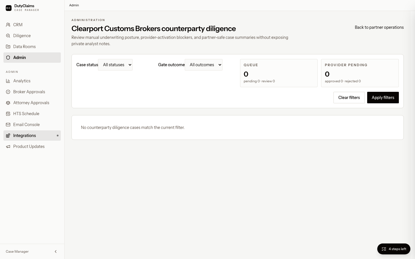 Partner counterparty diligence page.