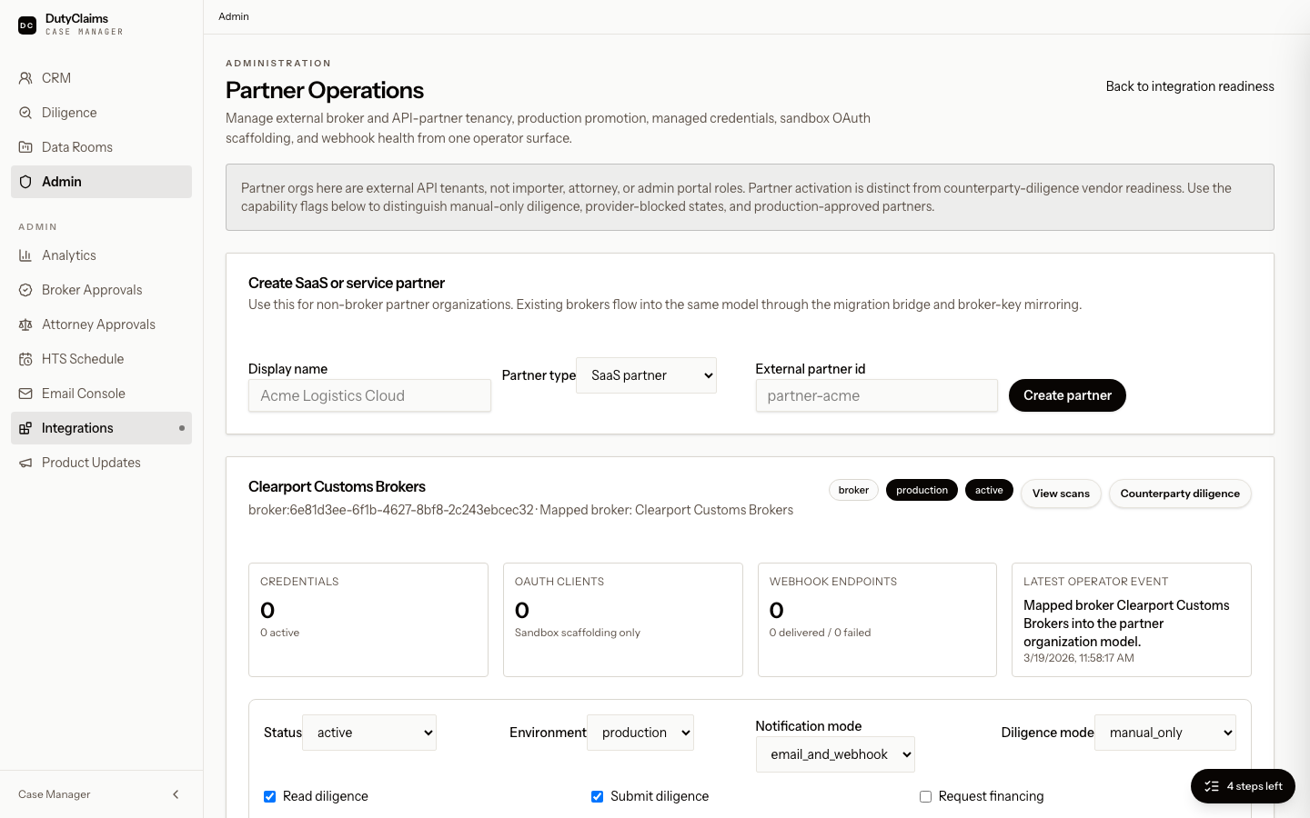 Admin partner operations page for broker and API-partner tenancy.