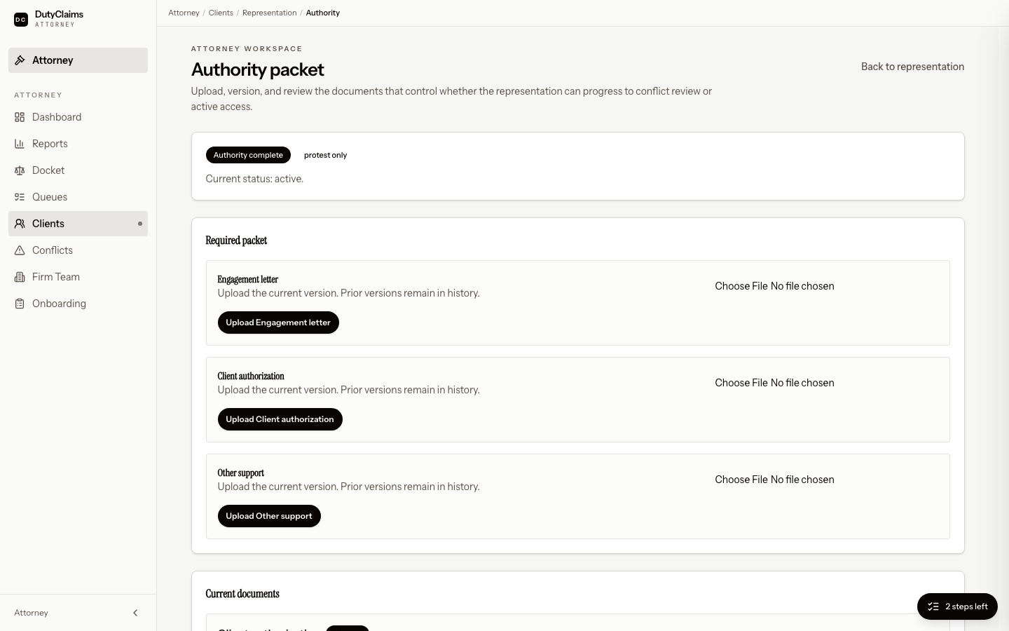 Authority packet screen for an attorney representation.