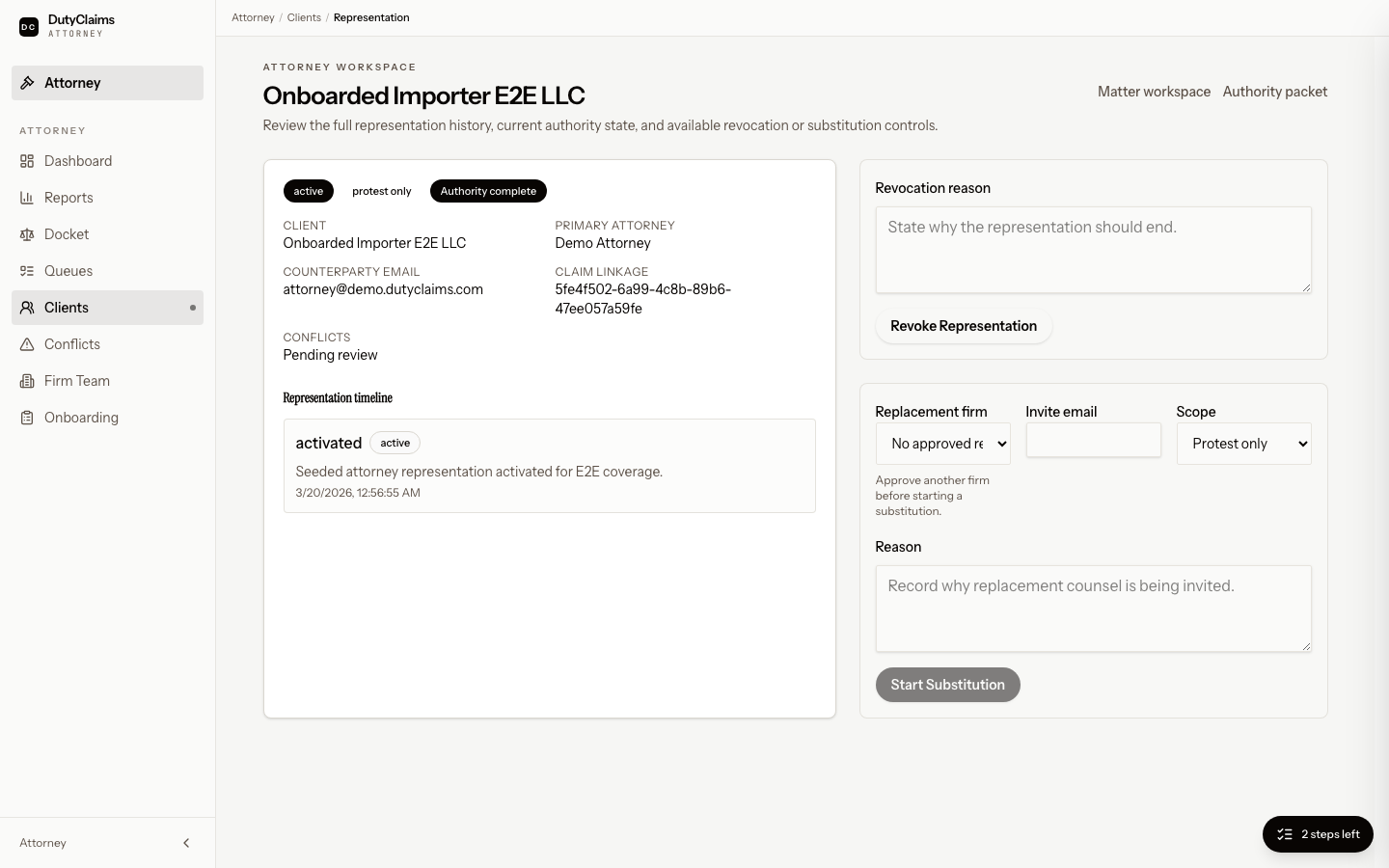 Attorney representation detail page.
