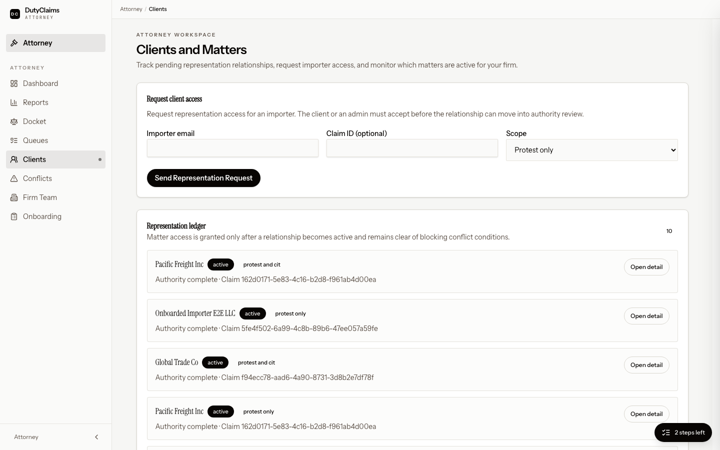 Attorney clients page listing importer relationships and active matters.