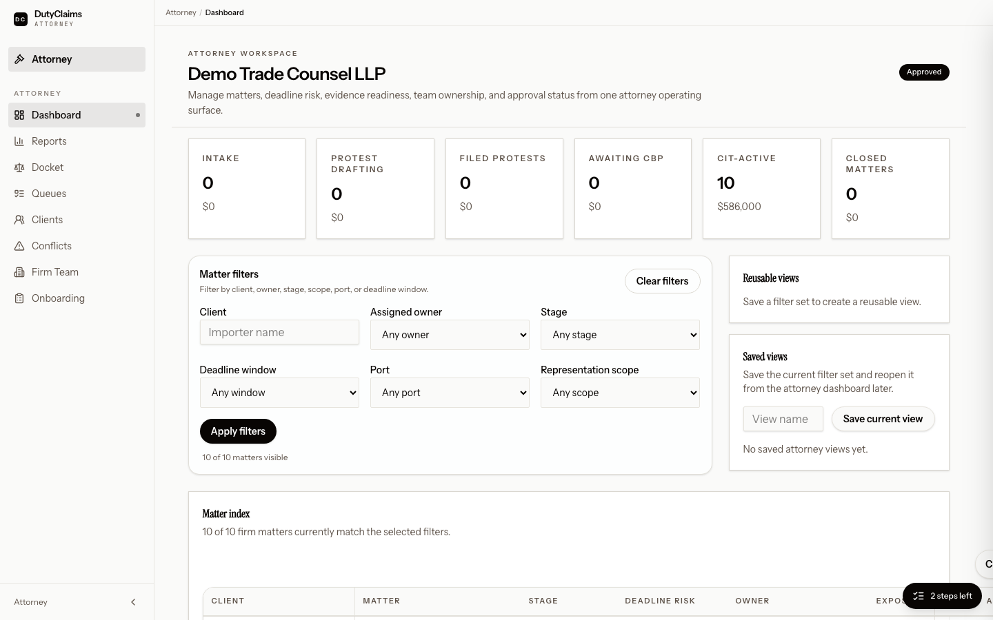 Attorney dashboard showing matter metrics, filters, and reusable views.