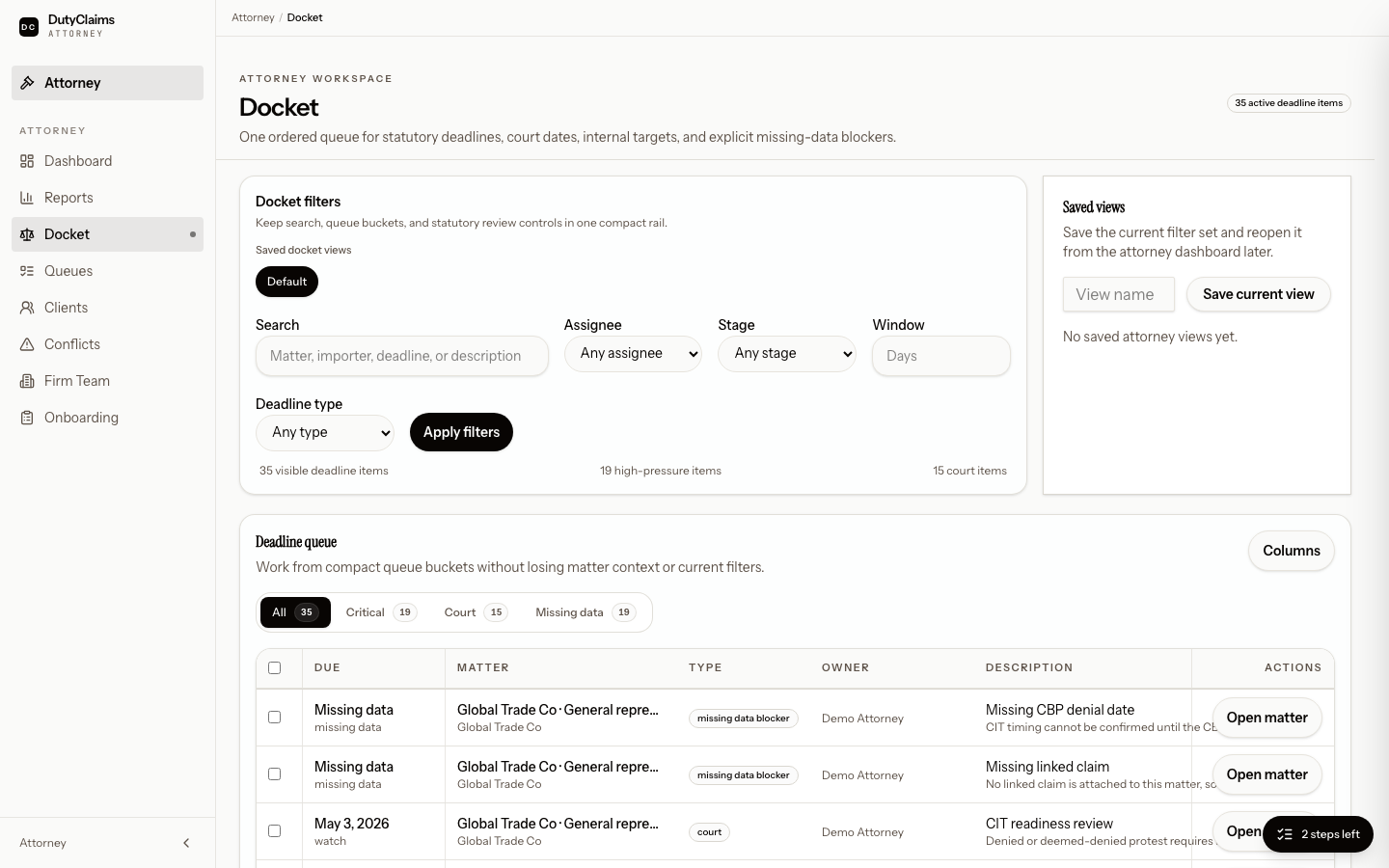 Attorney docket page with ordered deadline items and filters.