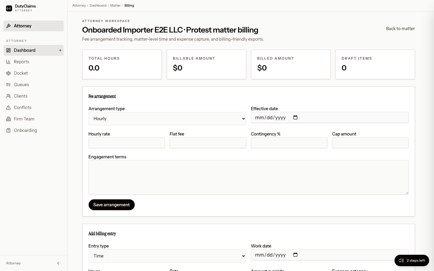 Attorney matter billing page.