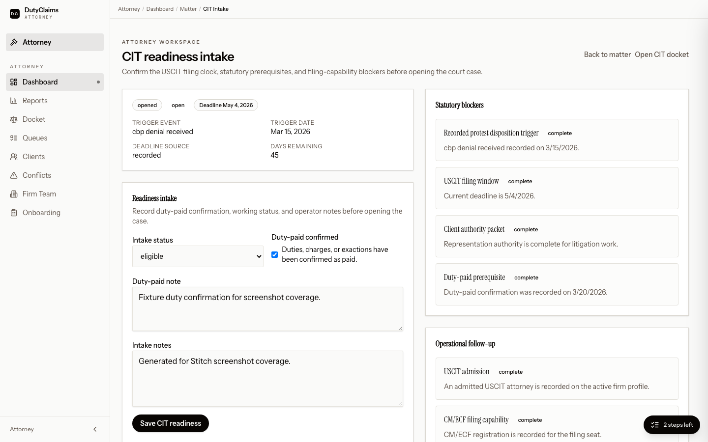 Attorney CIT intake page.