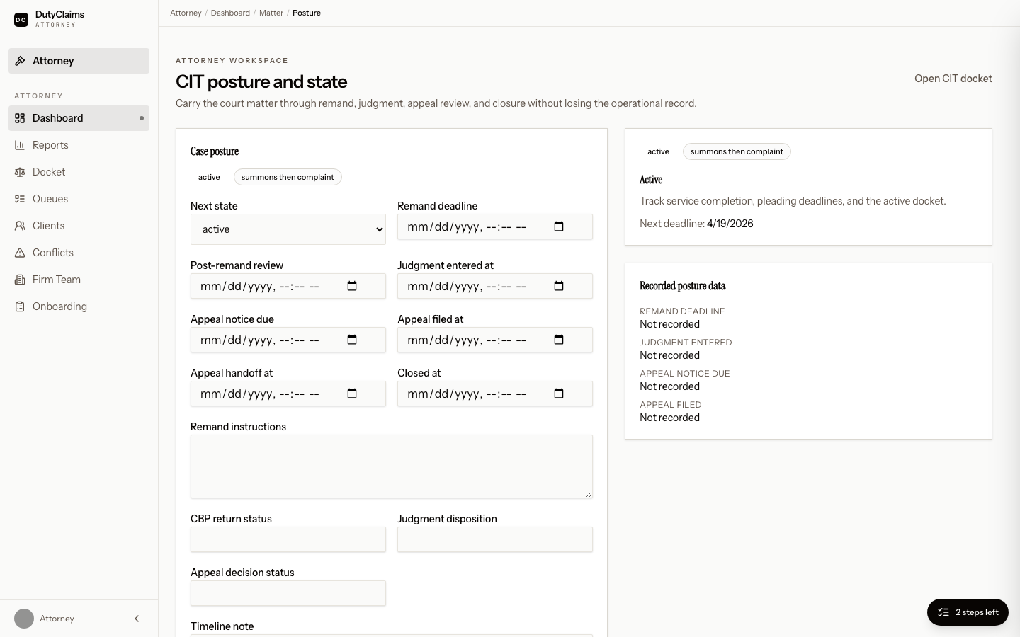 Attorney CIT posture and state page.