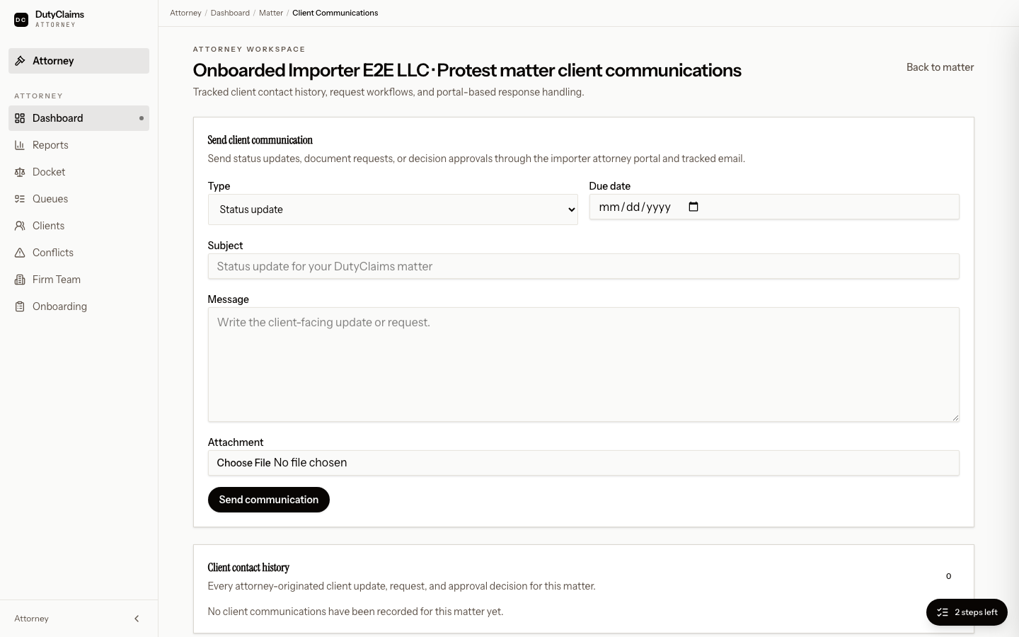 Attorney client communications page for a matter.