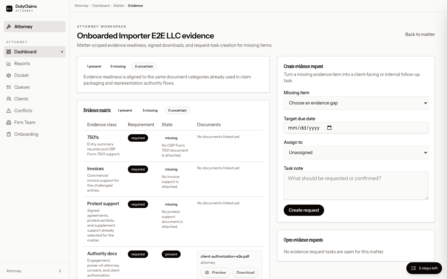 Matter evidence page with readiness and document tasks.