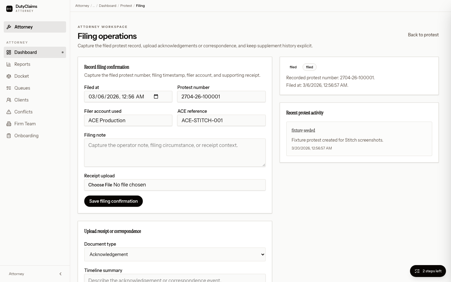 Attorney protest filing workflow page.