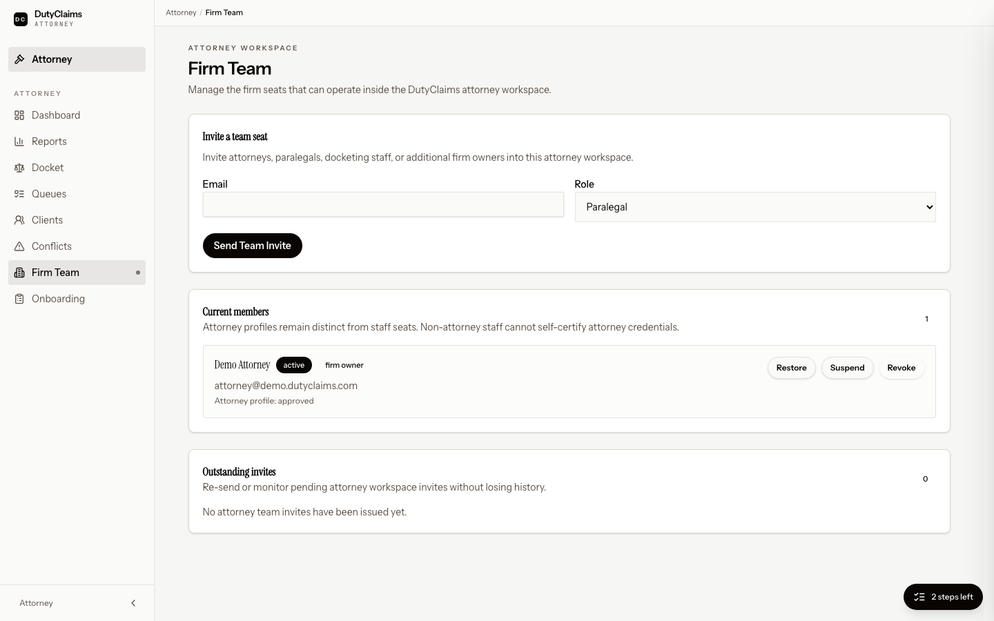 Attorney firm team management page.