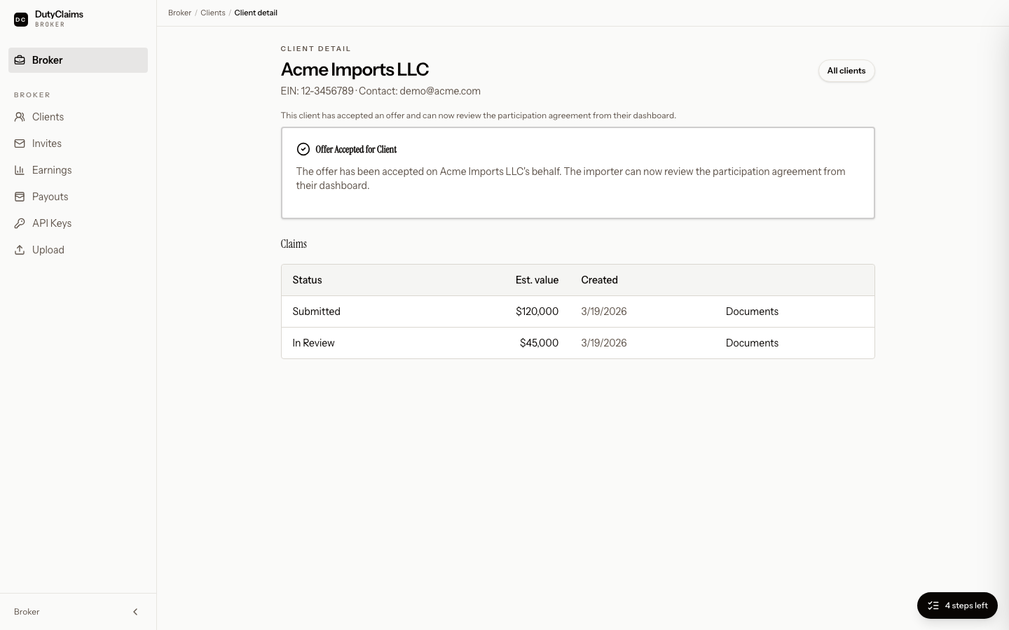 Broker client detail page for one importer.