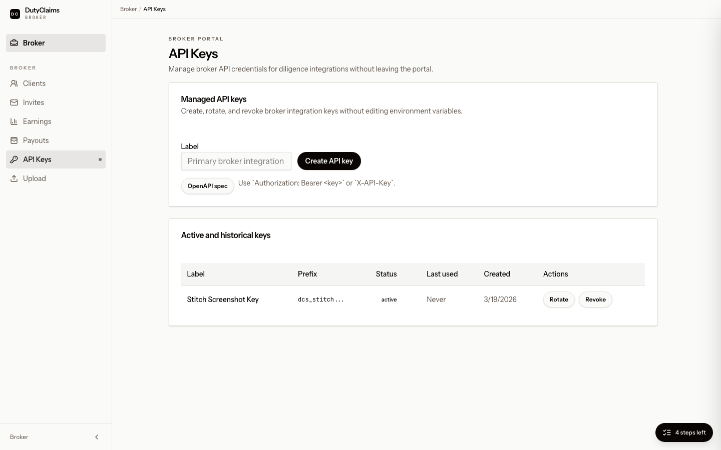 Broker managed API keys page.