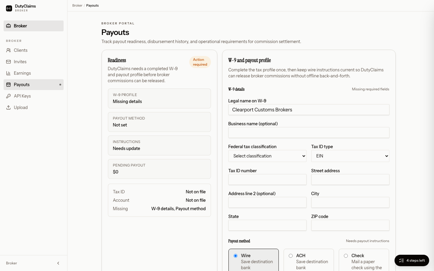 Broker payouts page.
