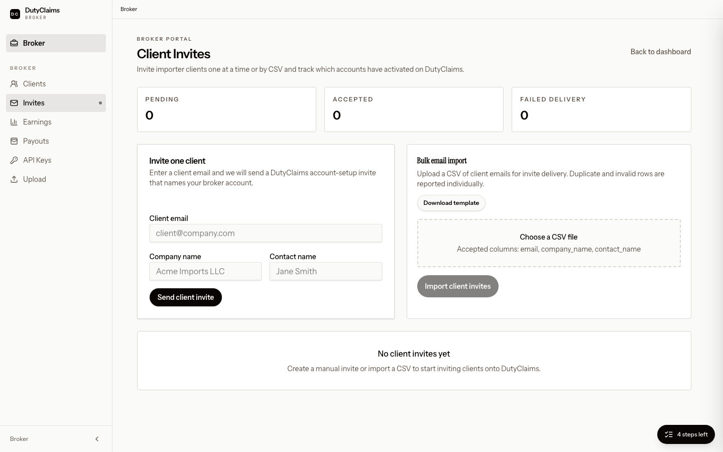 Broker client invites page.