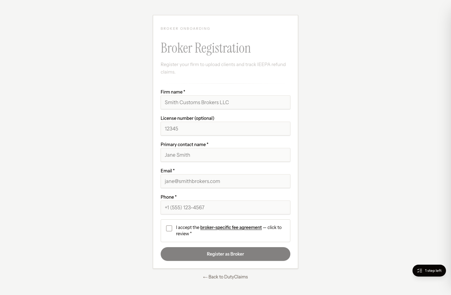Broker registration form in DutyClaims.