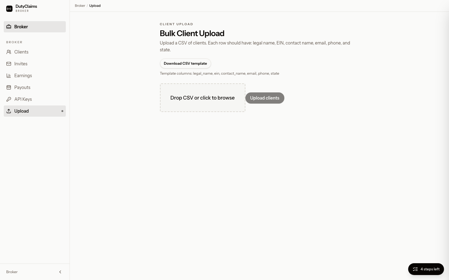 Broker bulk client upload page.