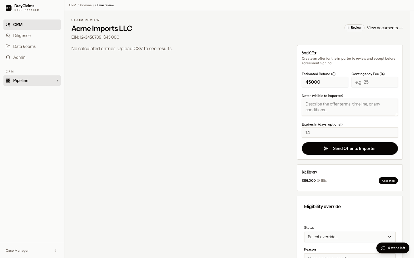 CRM claim review page.