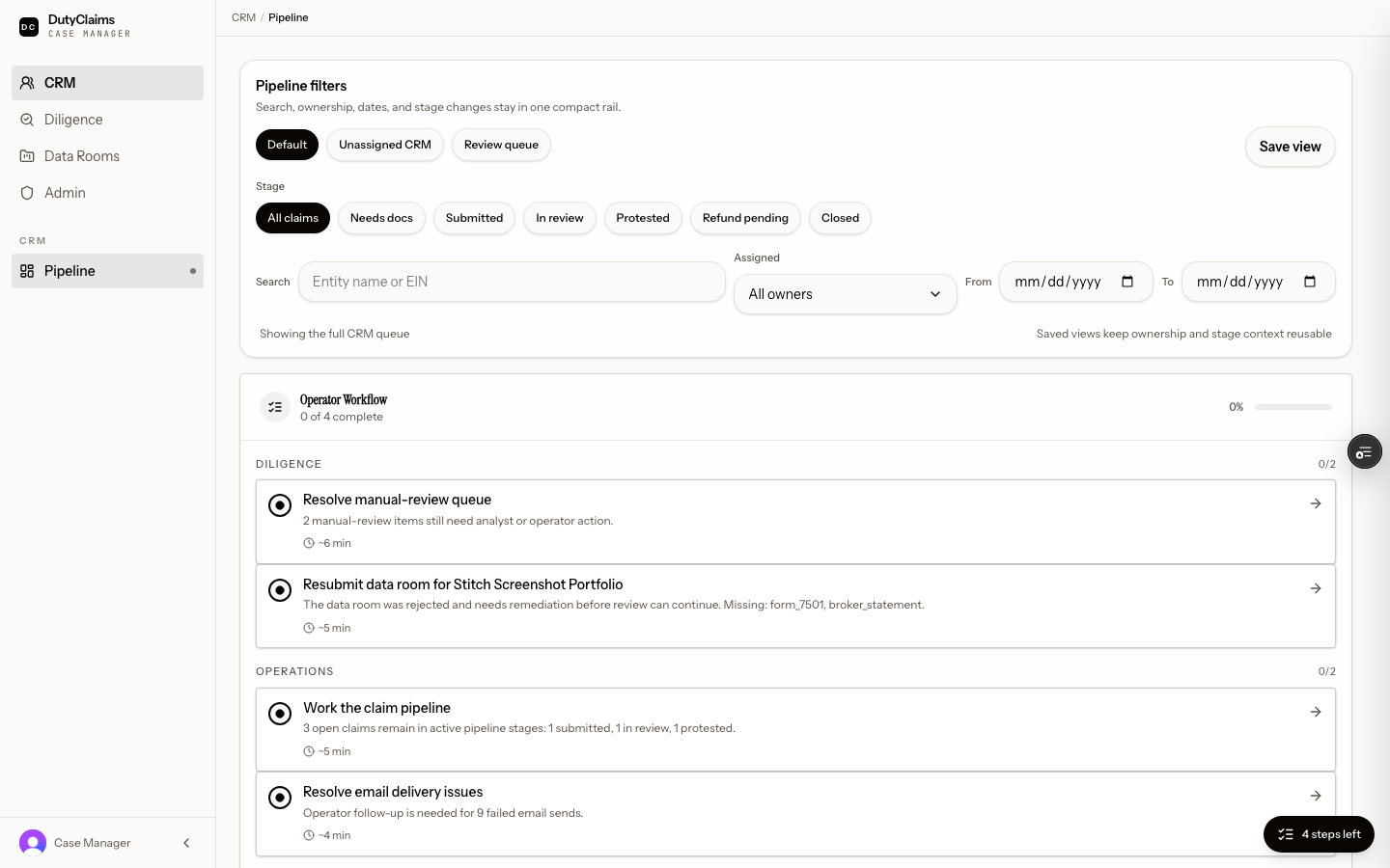 CRM pipeline page in DutyClaims.