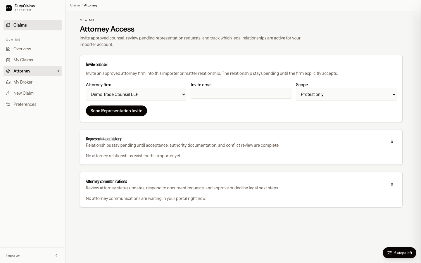 Importer attorney access page.