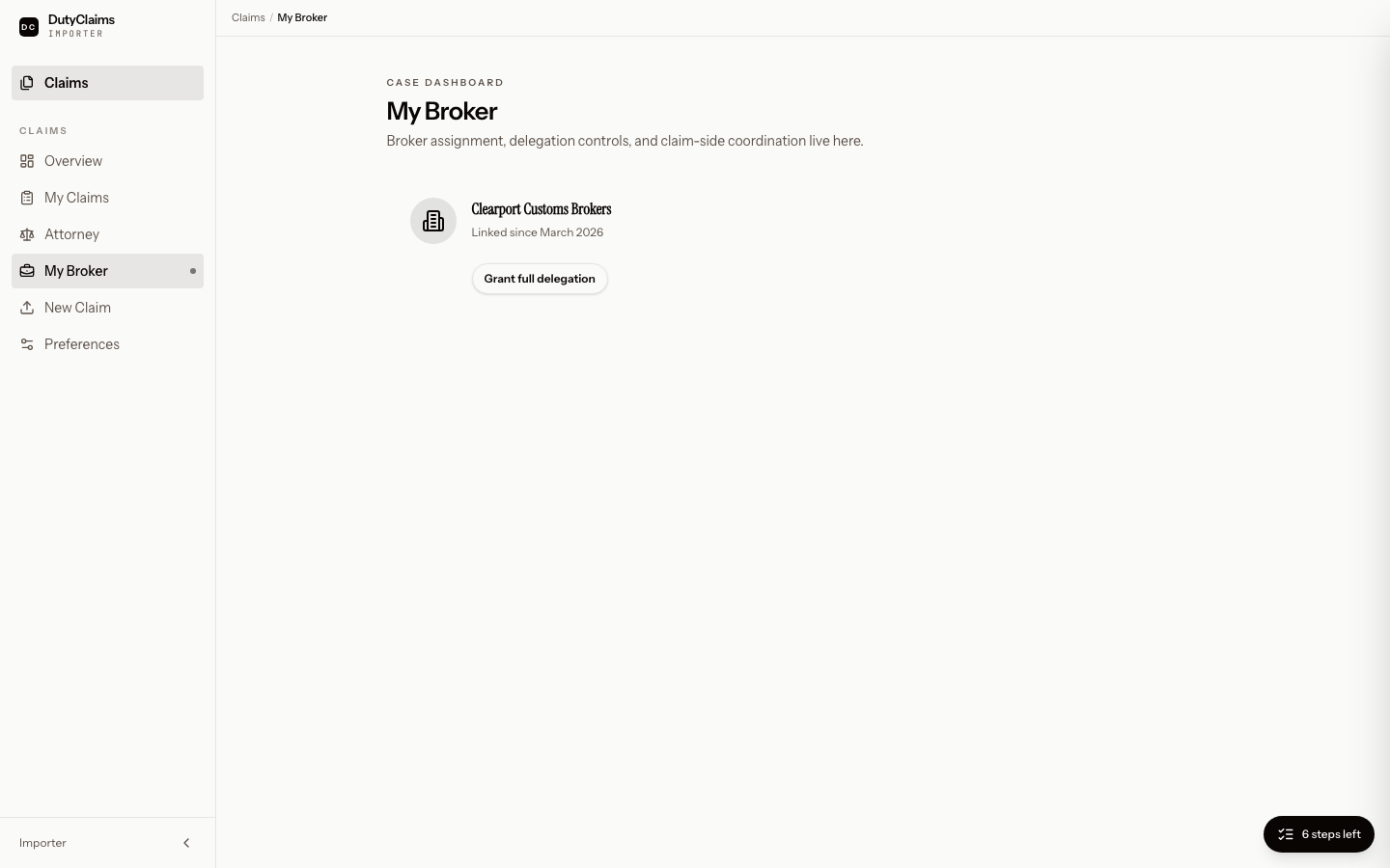 Importer broker relationship page.
