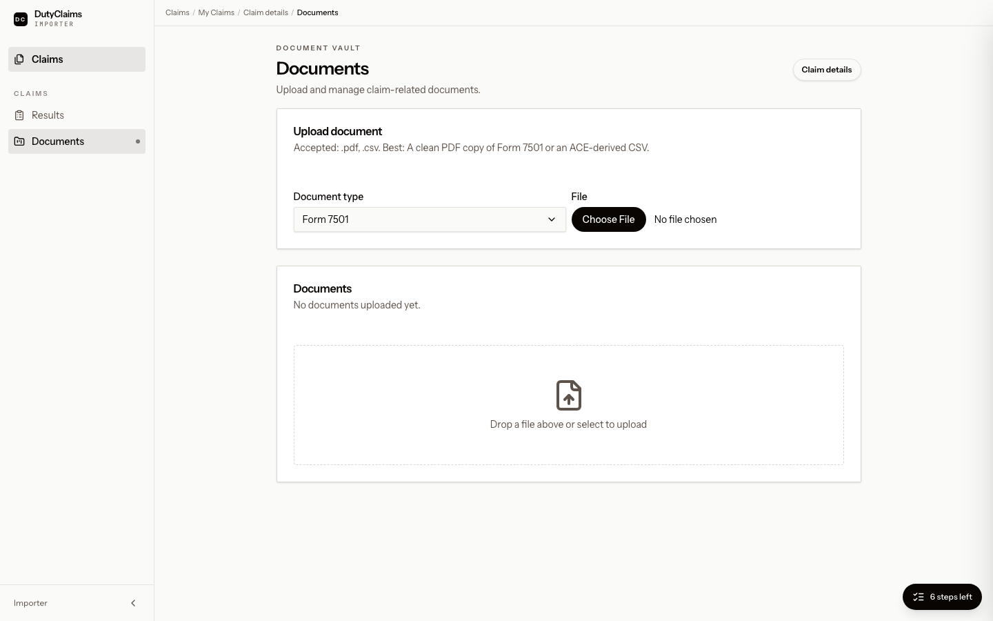 Claim documents page for an importer.