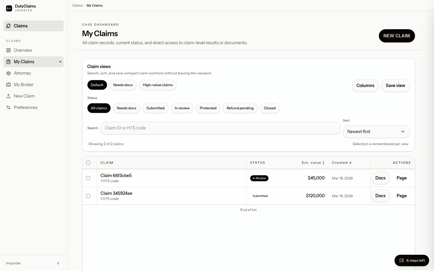 Importer My Claims list view.