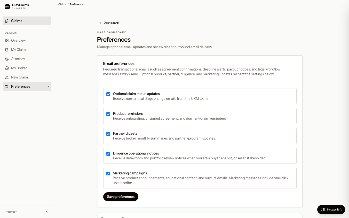 Importer preferences page with email settings.