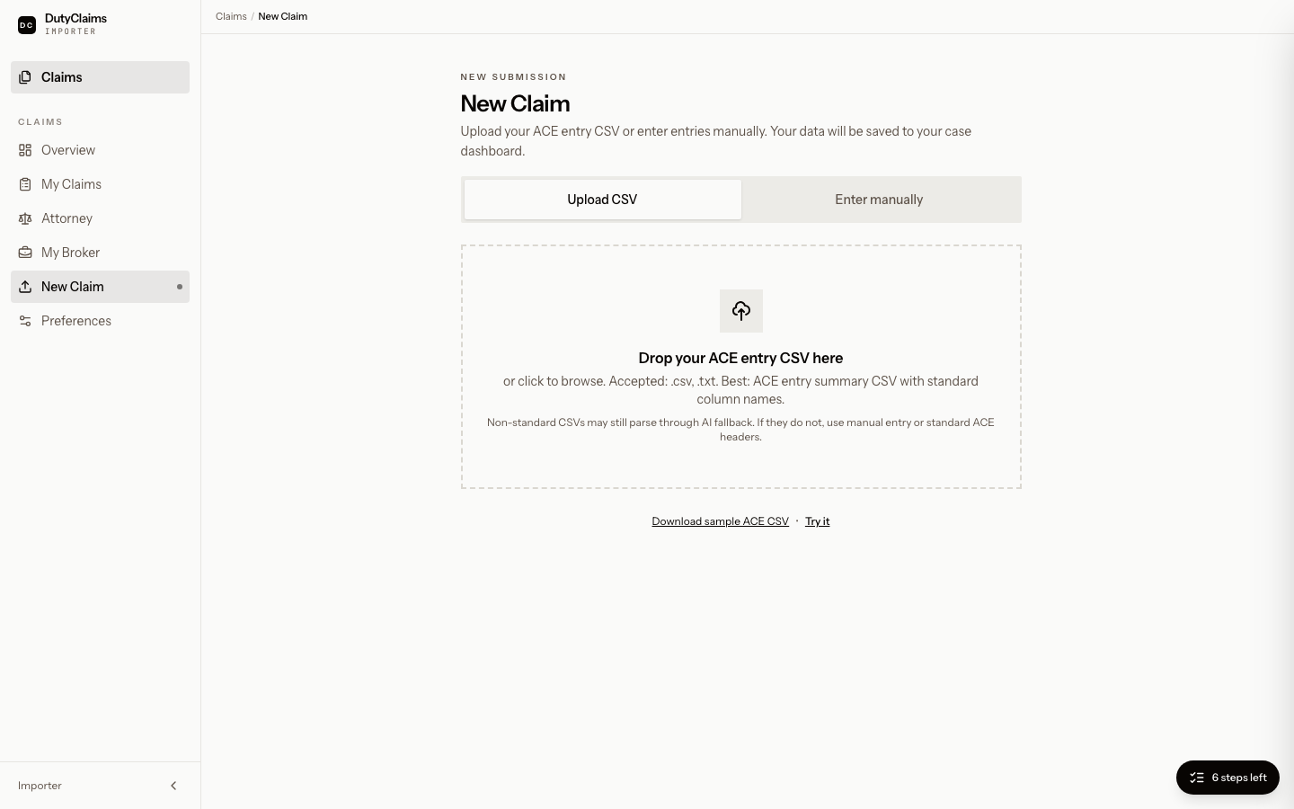 Importer new claim upload page.