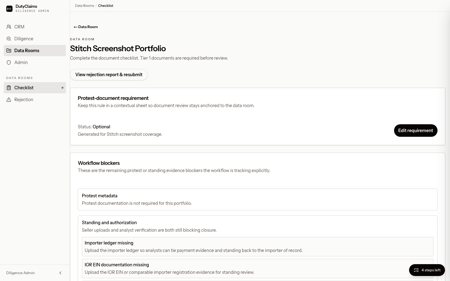 Portfolio data room checklist page.
