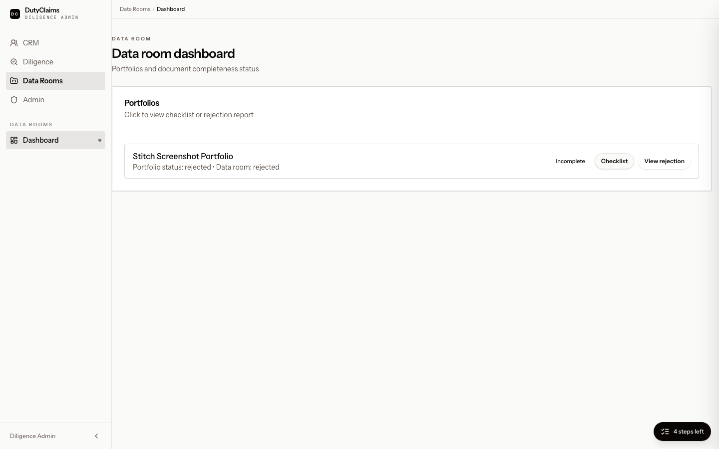Data room dashboard page.