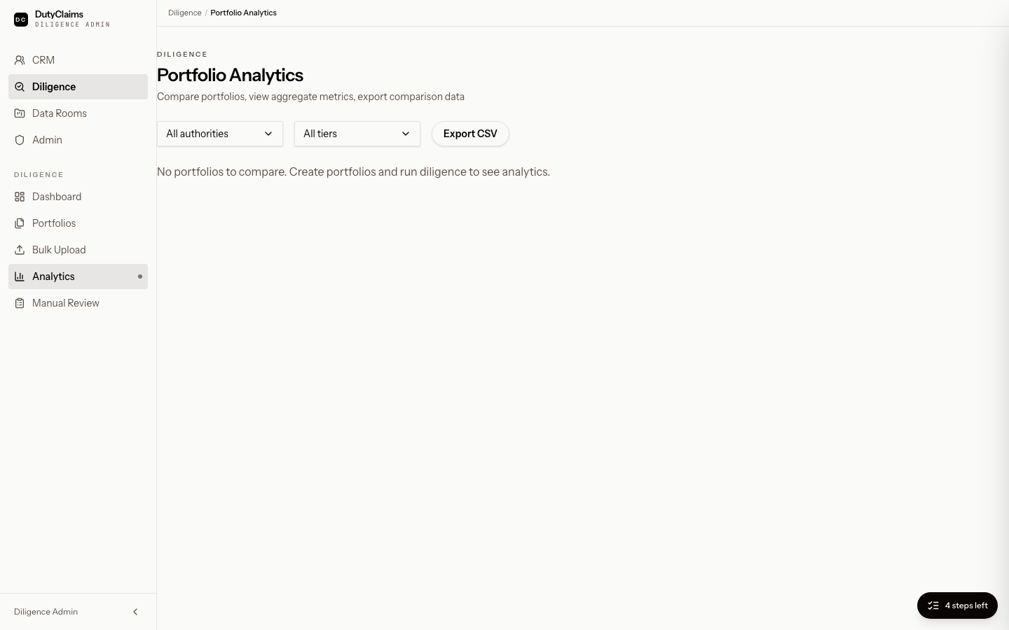 Diligence portfolio analytics page.