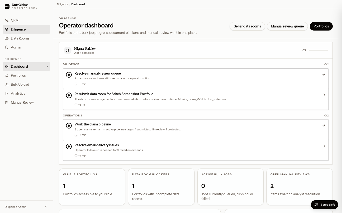 Diligence dashboard page.