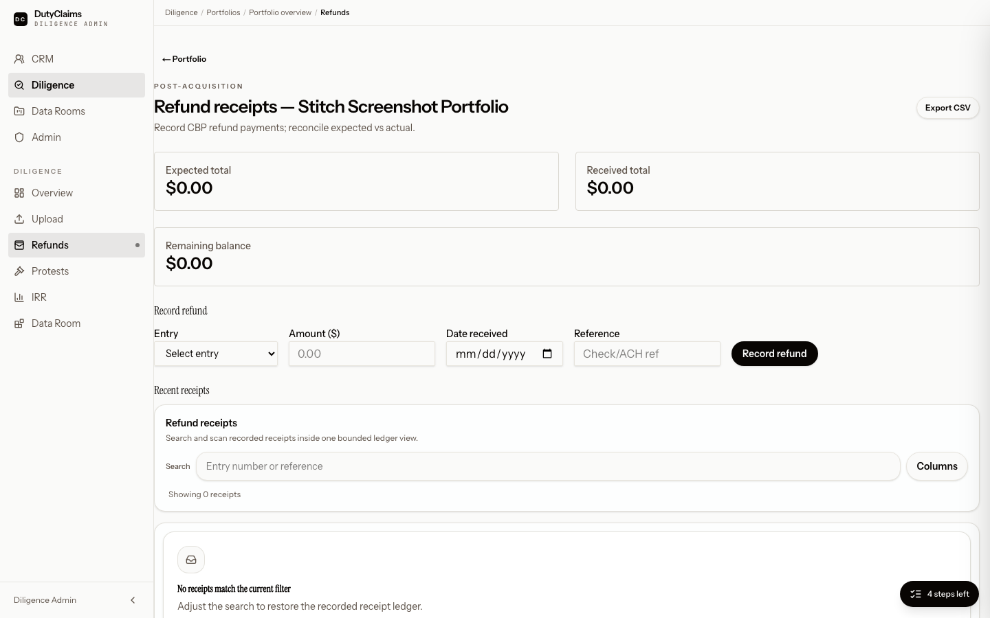 Portfolio refunds page in diligence.