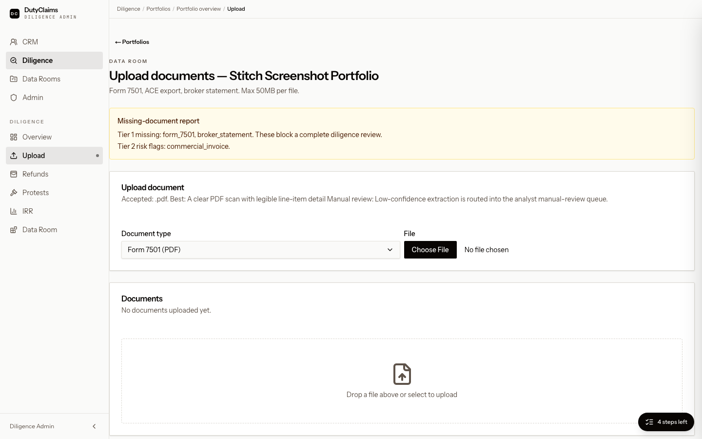 Diligence portfolio upload page.
