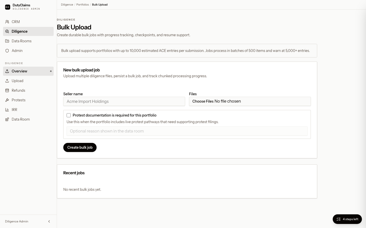 Diligence bulk upload page.