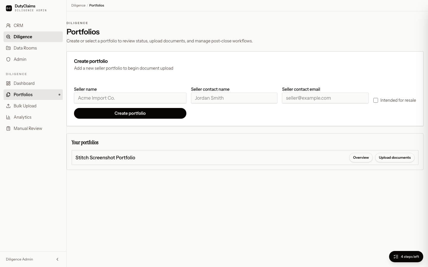 Diligence portfolios list page.