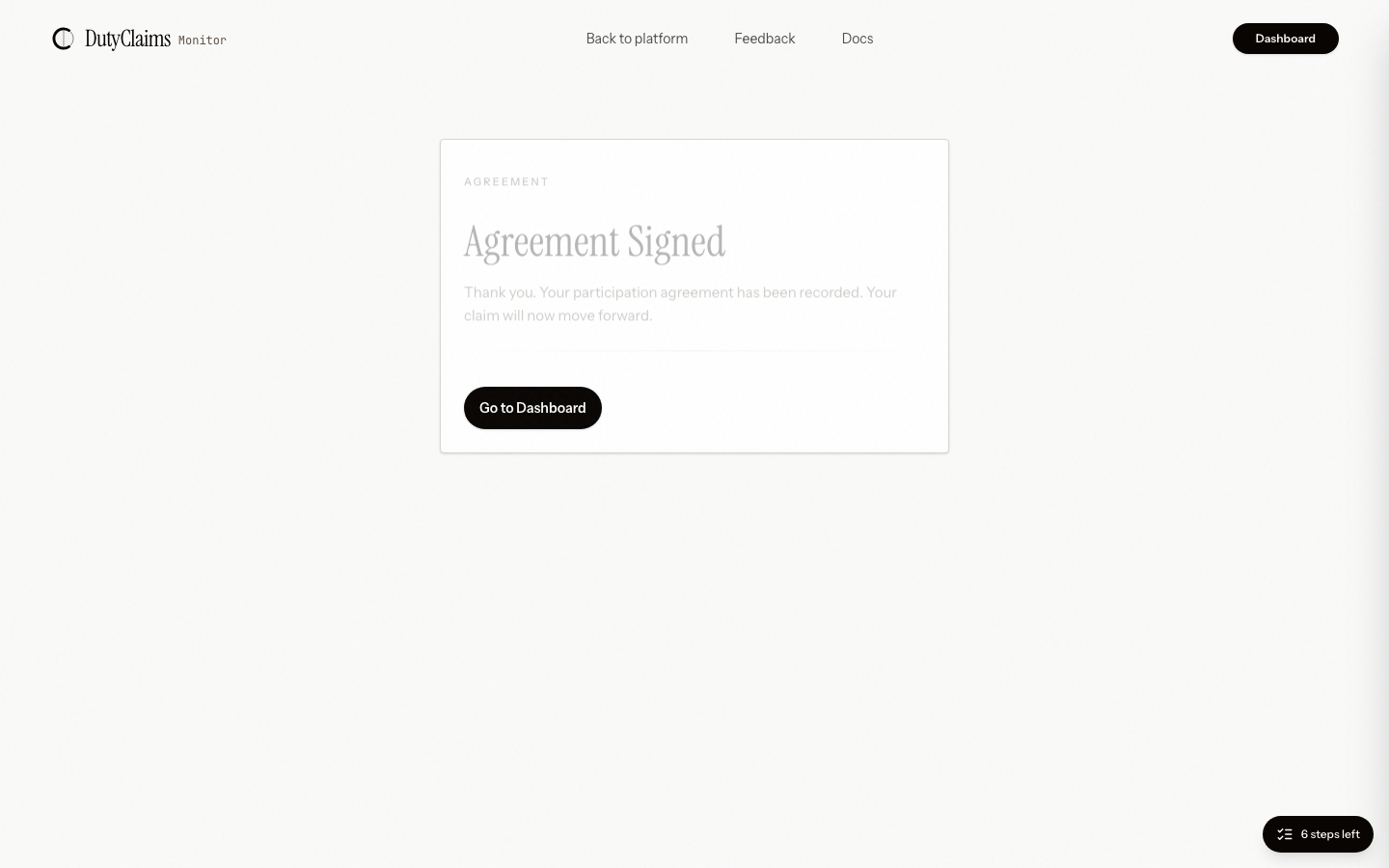Agreement completion confirmation page for an importer.