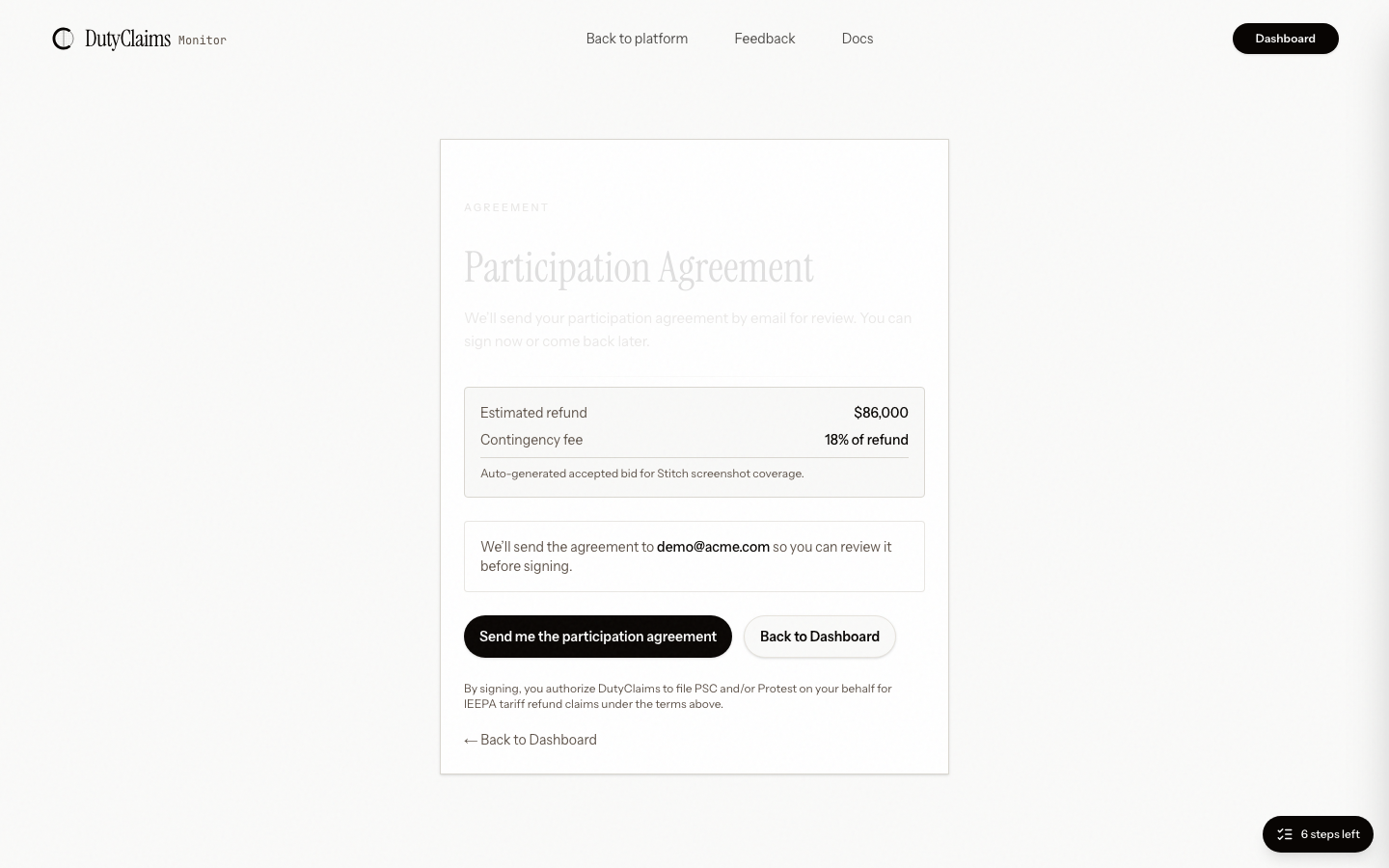 Importer participation agreement page.