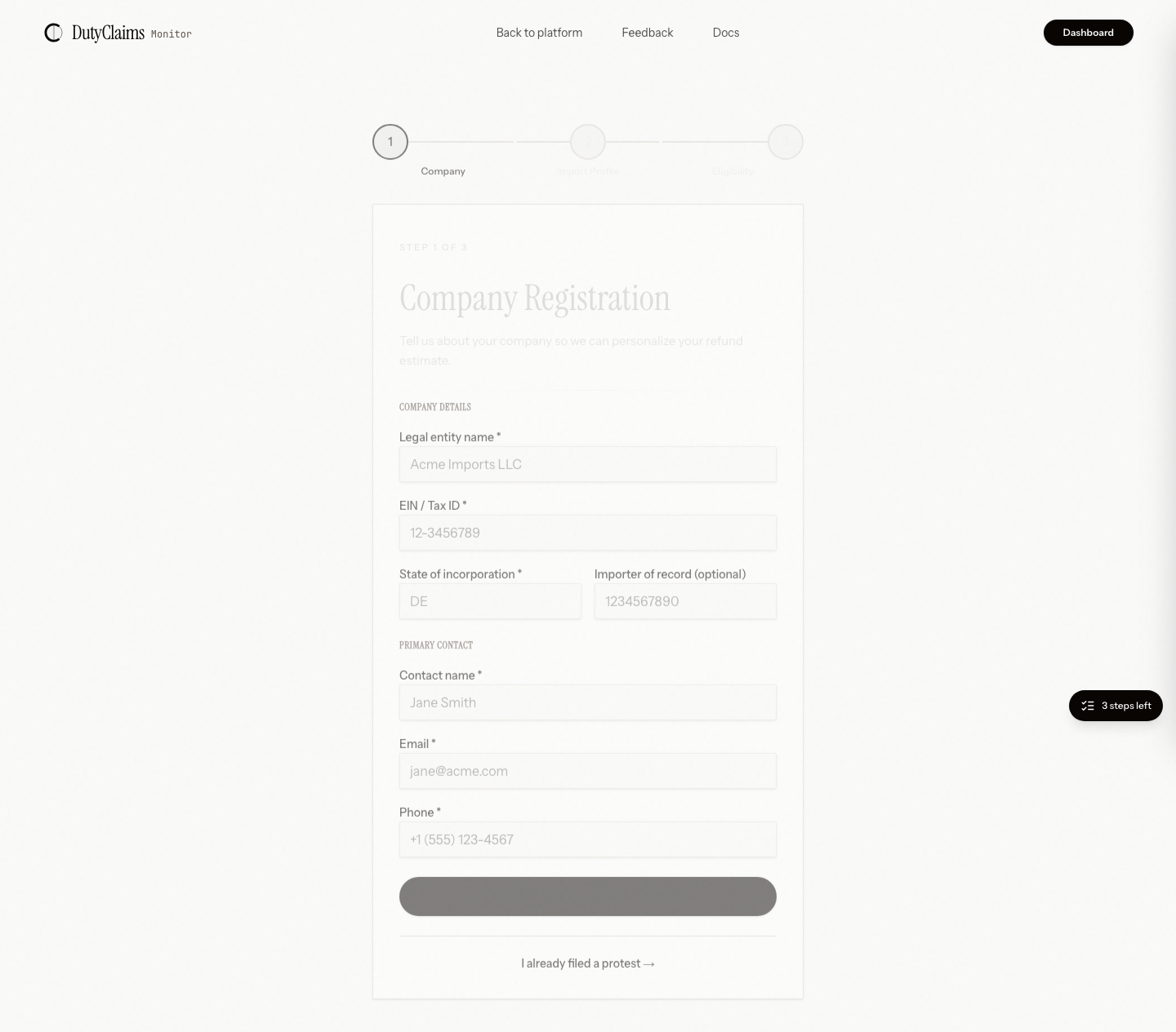Hosted-style importer onboarding entry screen.