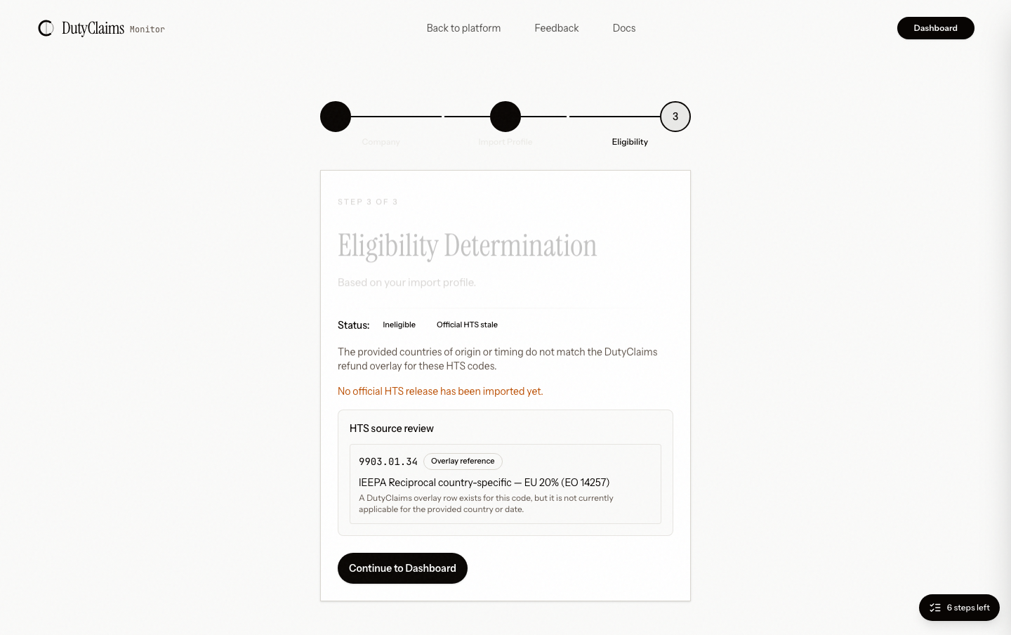 Importer eligibility review step during onboarding.