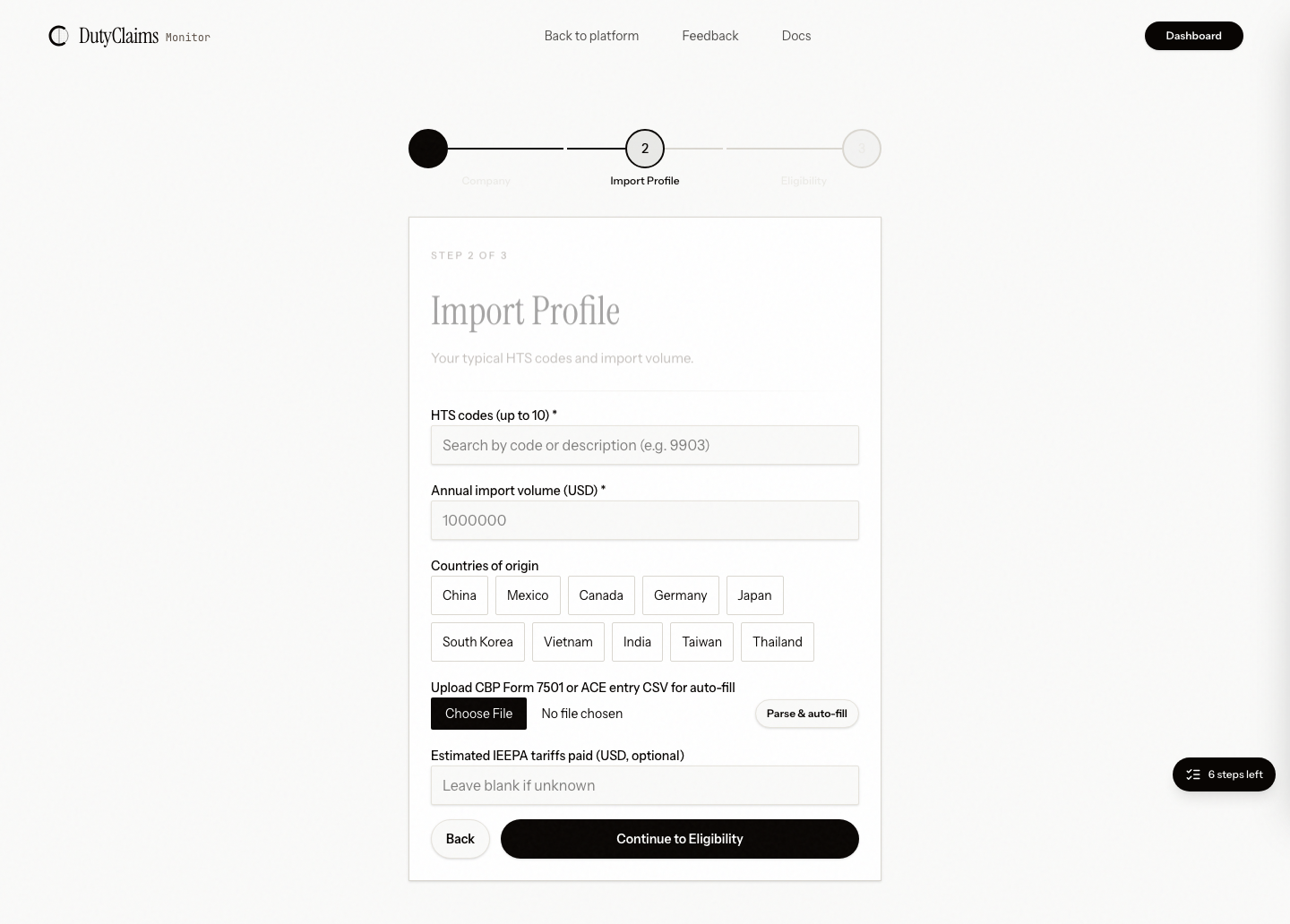 Importer profile setup screen during onboarding.