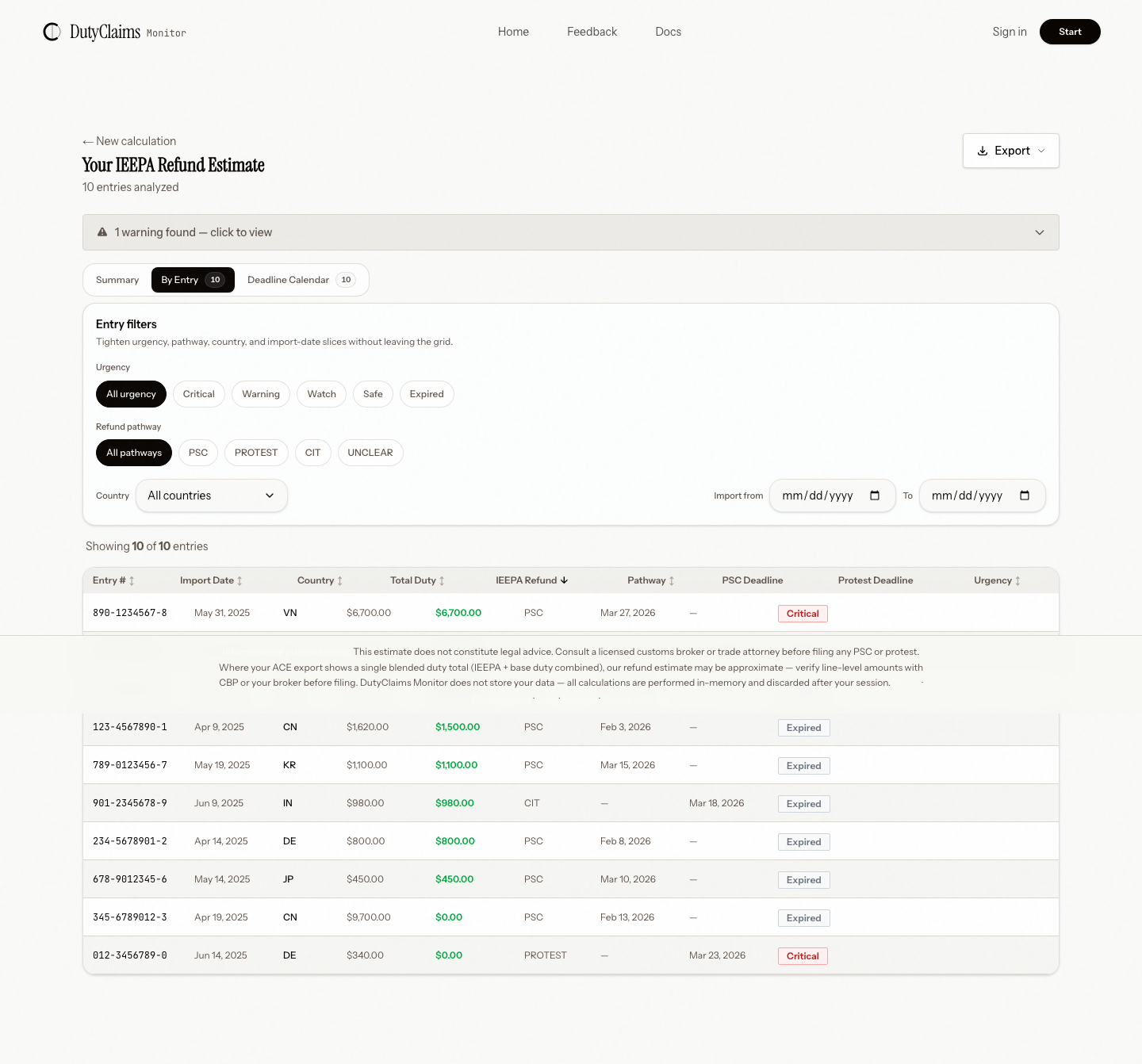 Results By Entry tab showing per-entry refund amounts and pathway assignments.