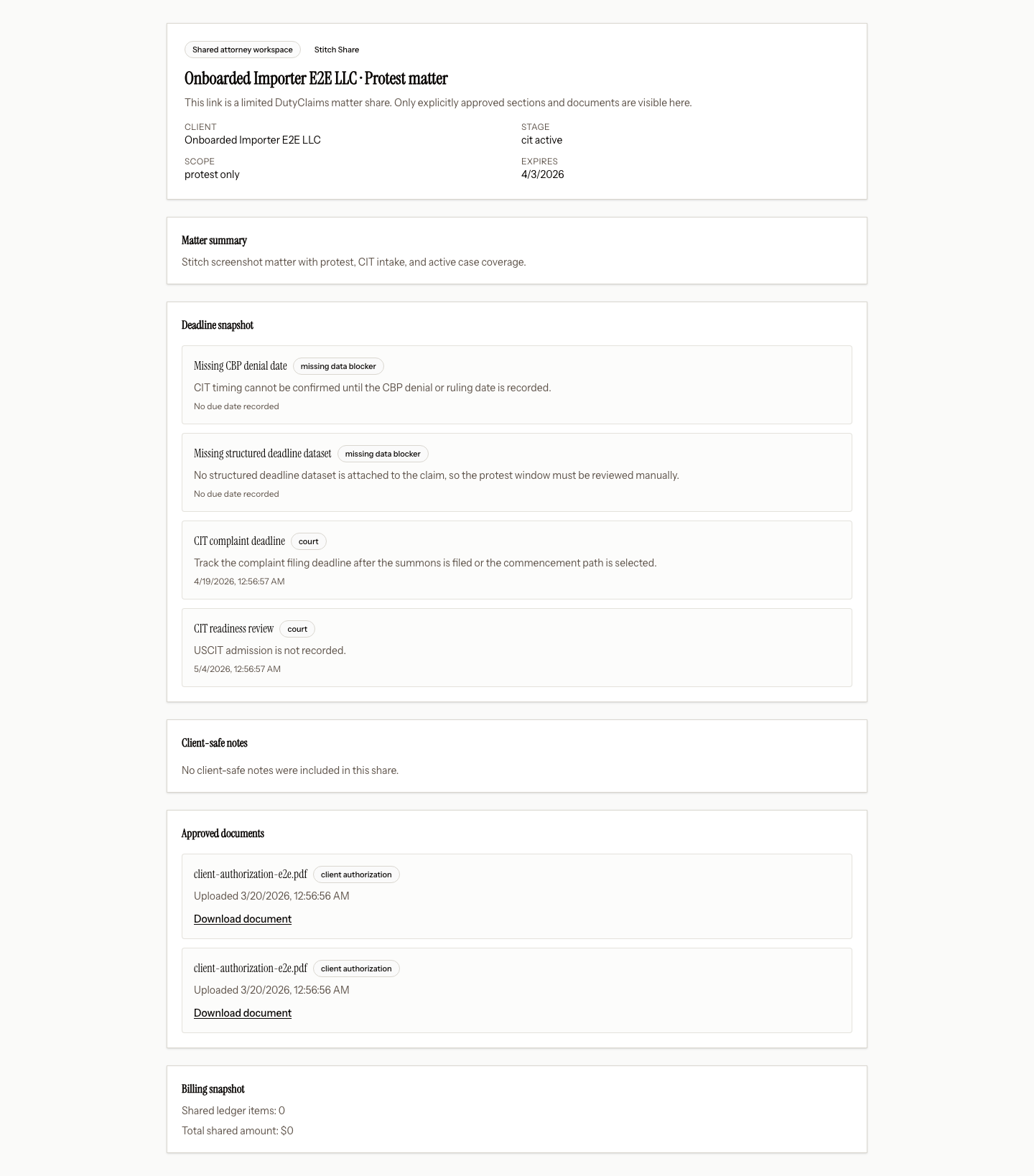 Secure attorney matter share page for an external recipient.